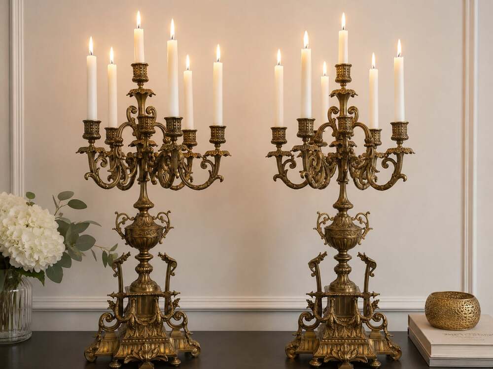 Pair Large Vintage Ornate Brass 7-Light Candelabras French European Style